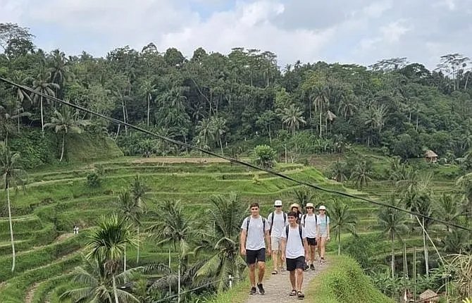 Guests walking through Tegallalang Rice Terraces in Bali